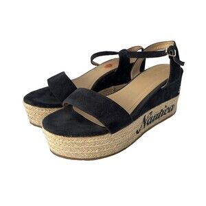 Nautica Women's 11 Navy Blue Suede Platform Wedge Buckle Jute Sandals Shoes